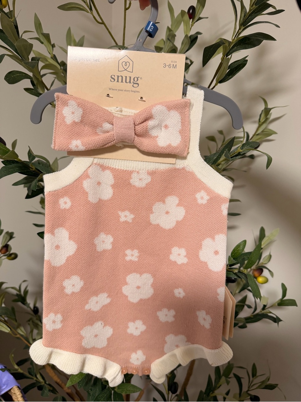 Snug Pink Floral Knit Baby Romper with Bow Headband